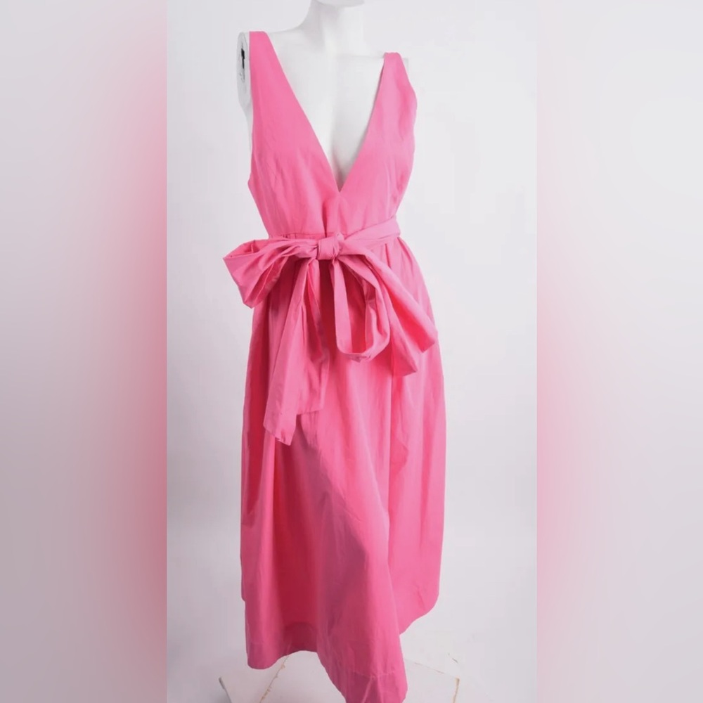 Pink V-Neck Tie-Waist Midi Dress